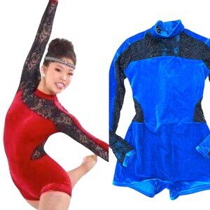 Curtain Call Costumes Blue Velvet Stretch Lace leotard